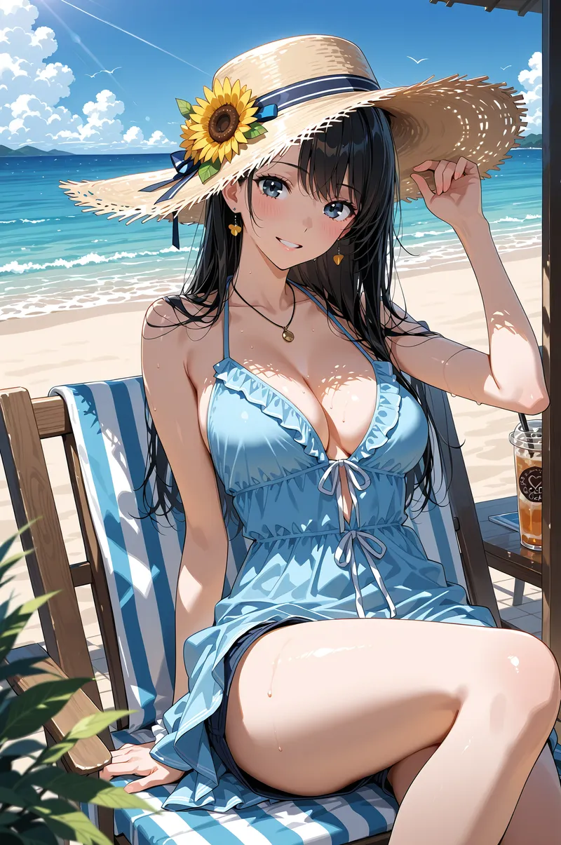 黒髪ロングの美少女が、ひまわりをあしらった麦わら帽子をかぶり、青い海辺で優雅に佇むアニメ調イラスト。澄んだ空と波打つ砂浜に映える、爽やかな夏の装い。