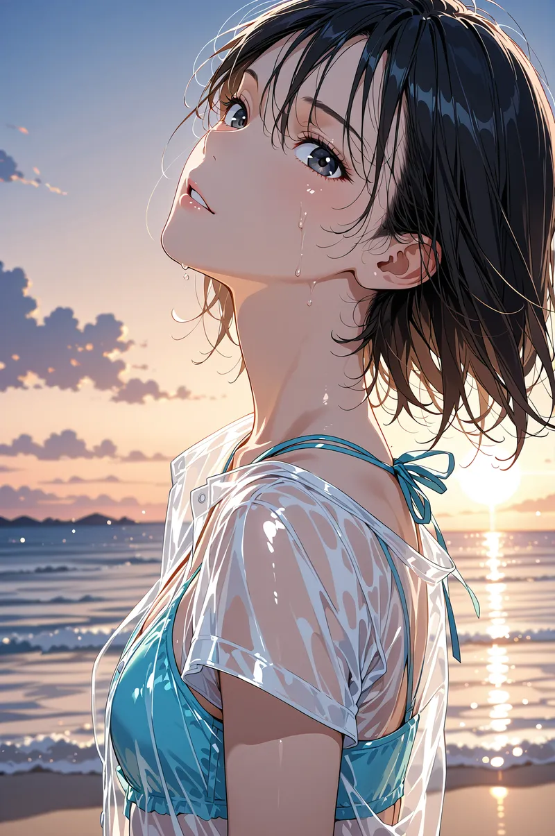 黒髪をなびかせ、夕焼けの海を背にした美少女のアニメ調イラストです。白いシャツと青いビキニトップを合わせた爽やかな夏の装いで、黄金色に染まる波打ち際の景色が印象的な一枚。