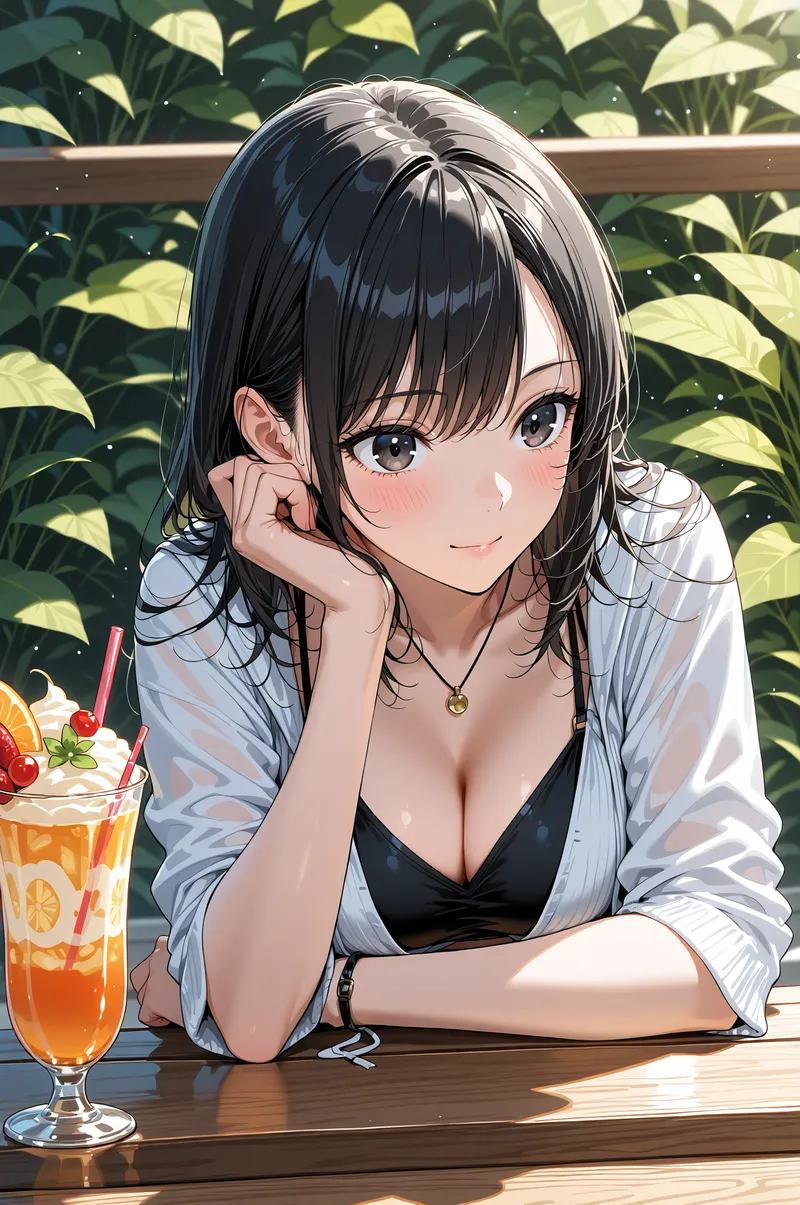 爽やかな庭園を背景に、黒髪をかき上げる仕草で微笑む美少女のポートレート。白いシャツを羽織った姿で、オレンジ色のカクテルグラスを傍に置き、柔らかい日差しの中で穏やかな表情を見せています。
