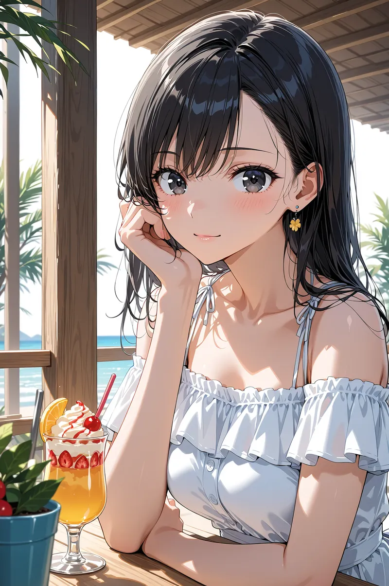 白いオフショルダーのドレスに身を包んだ黒髪の美少女が、トロピカルドリンクを手にビーチリゾートの木製テラスで優雅な表情を見せています。爽やかな海と観葉植物に囲まれた昼間の情景です。
