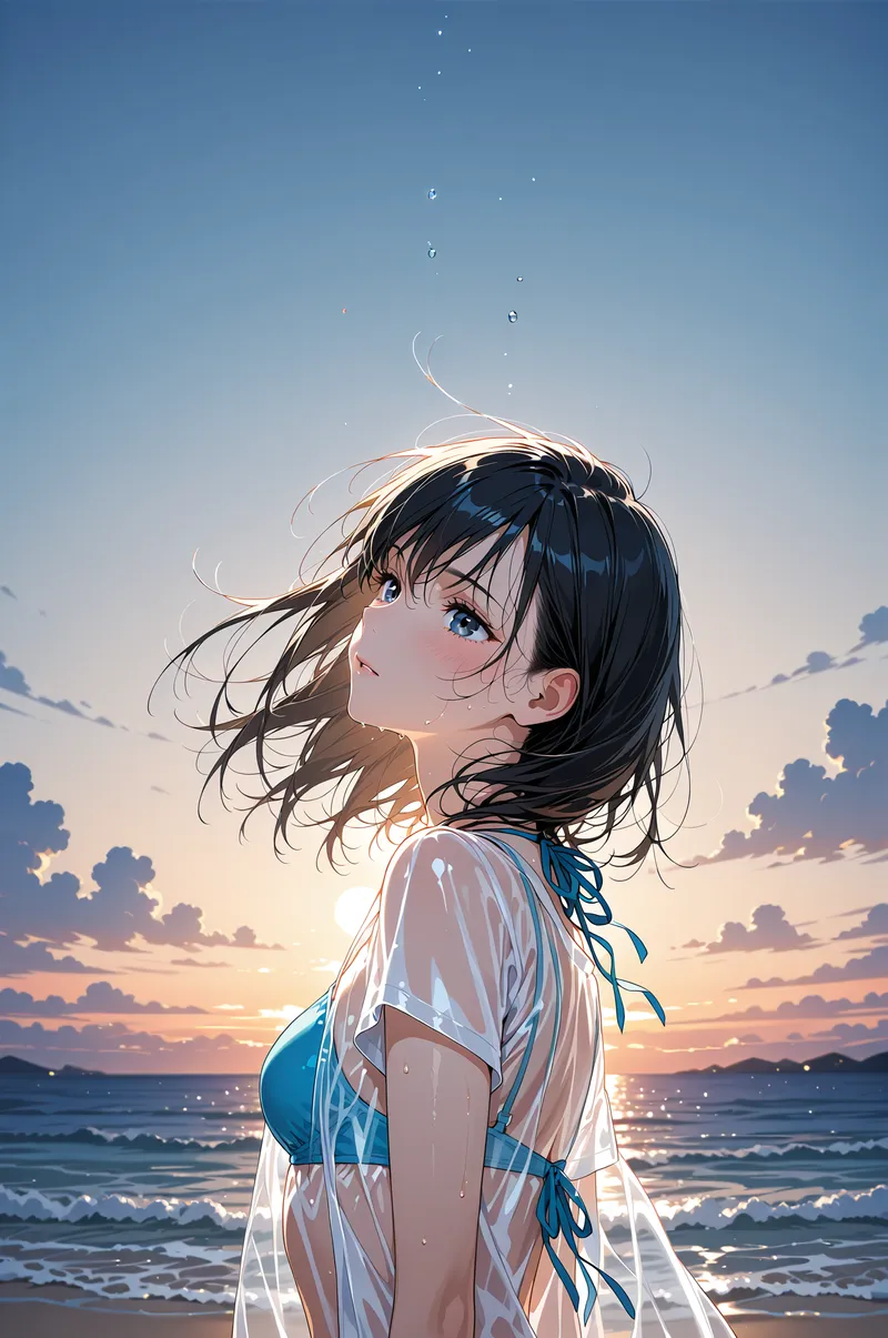 澄んだ青い瞳が印象的な黒髪の少女が、夕焼け色に染まった海辺で風に吹かれている。透明感のある白いシャツと青いリボンを身につけ、波音と光が降り注ぐ中で静かに空を見上げる瞬間です。
