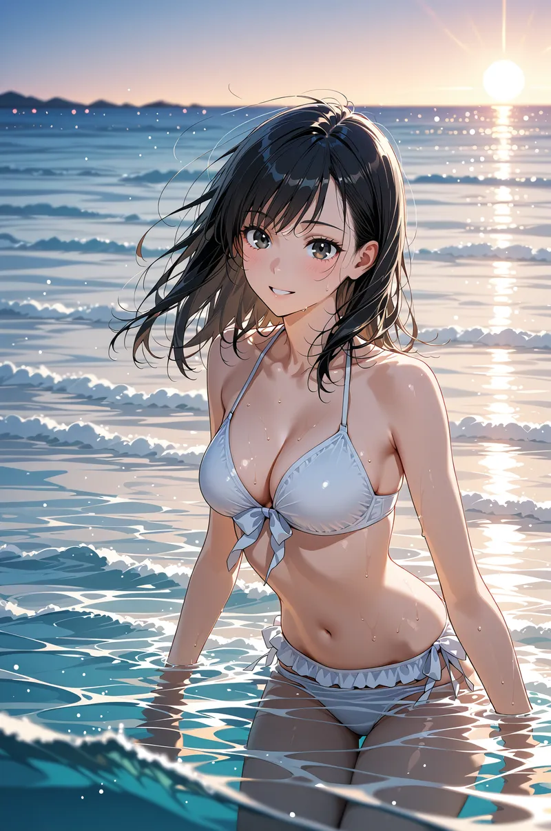 夕焼けに染まる海で、清涼感のある白い水着姿の少女が柔らかな笑顔を見せています。黒く流れる長髪と、きらめく波のコントラストが美しいアニメ調のポートレートです。