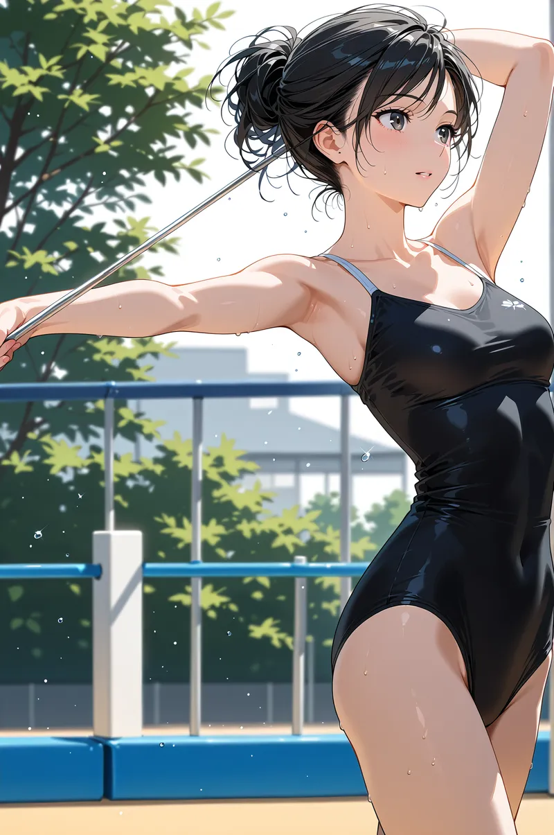 黒いワンピース型スイムウェアを身につけた美少女が、プールサイドで腕を上げてポーズを取るアニメ調ポートレート。爽やかな表情と背景の緑の木立、水しぶきの効果が夏らしい雰囲気を演出しています。