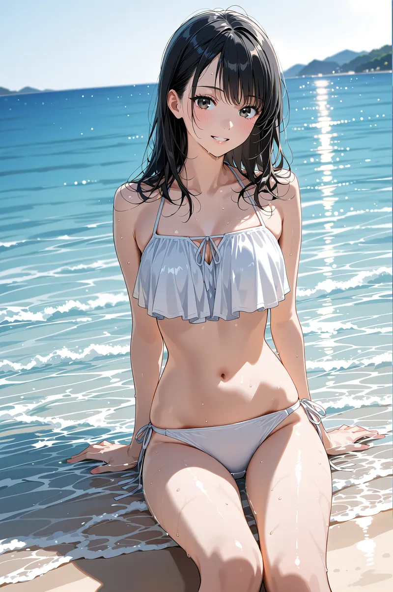 紺髪の美少女が輝く青い海を背景に、爽やかな白のビキニ姿で海水に浸かるポートレート。光と影が優雅に立体感を作り、夏の海の開放感が表現されたアニメ調の一枚です。