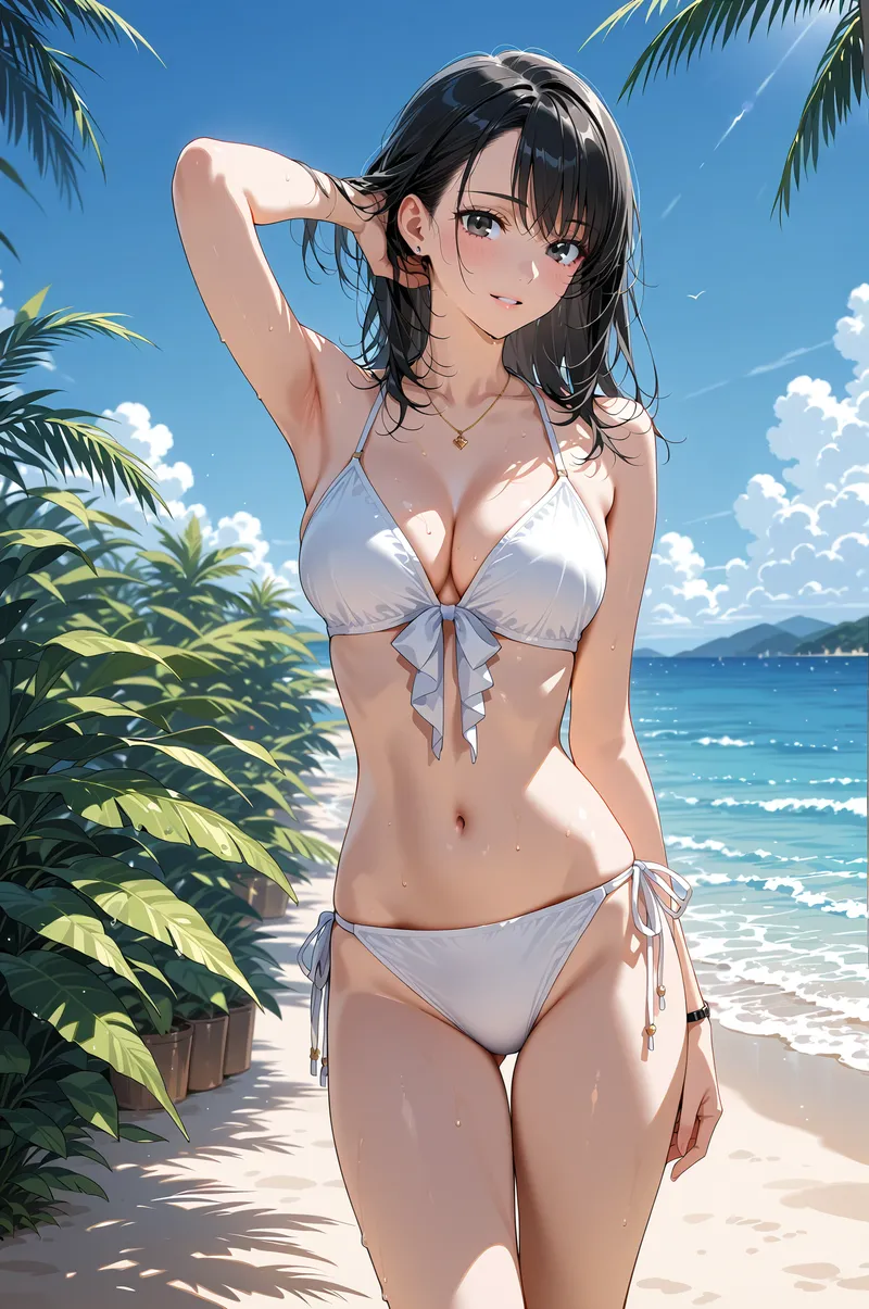 青い海と白砂浜を背景に、黒髪の美少女がリラックスした表情でポーズする夏のアニメ調イラストです。パームツリーに囲まれた開放的な空間で、爽やかな青空の下に描かれた癒しのシーンとなっています。