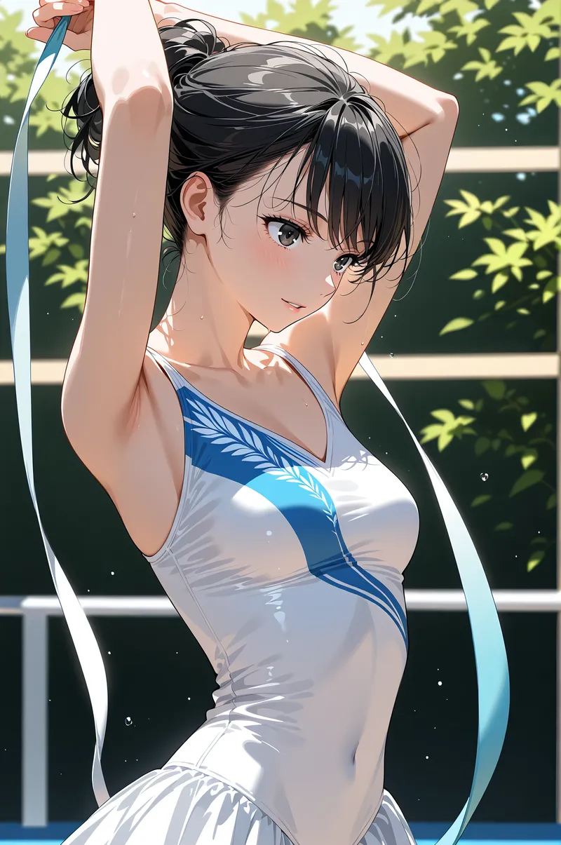 黒髪をまとめた爽やかな表情の美少女が、青と白のカラーリングのスポーツウェアを着用し、屋外の緑豊かな背景の前で笑顔を浮かべています。光と影が美しく描写されたアニメ調イラストです。
