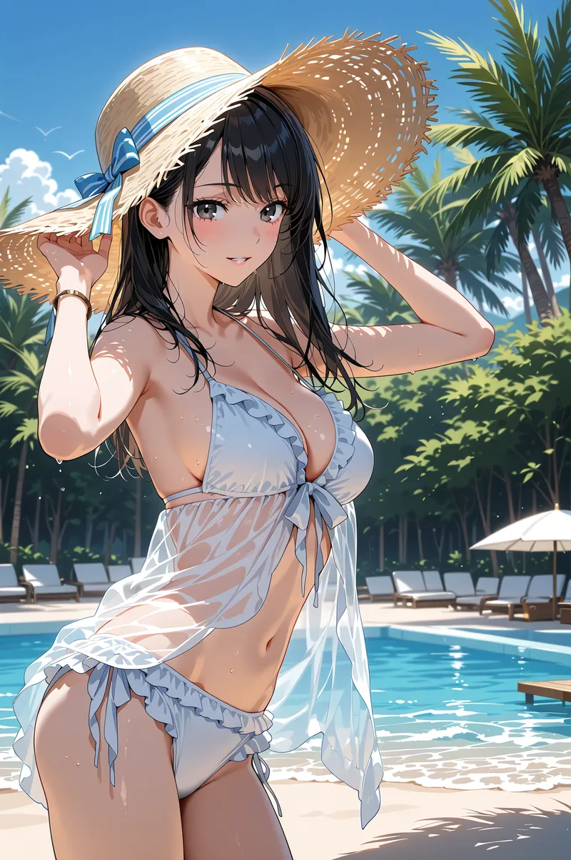 青空とヤシの木に囲まれたビーチリゾートで、麦わら帽子を被った黒髪の美少女が爽やかな笑顔を浮かべています。水色のリボンが帽子に揺れ、夏らしい軽やかな衣装とアクセサリーが南国の情景を引き立たせるアニメ調イラストです。