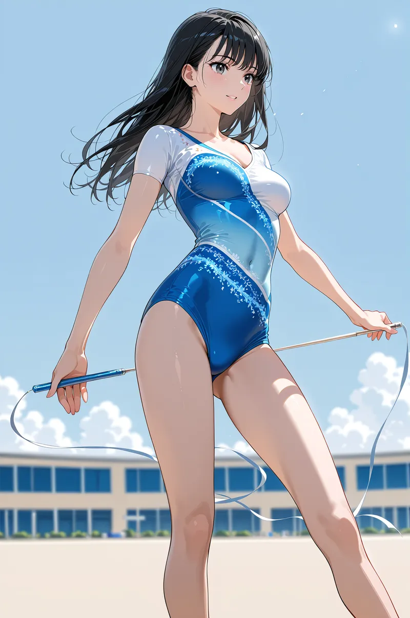黒髪ロングの美少女がロープを持ち、青く晴れた空の下で爽やかにポーズを決めるアニメ調のイラスト。建物を背景とした屋外の明るい雰囲気が魅力的です。