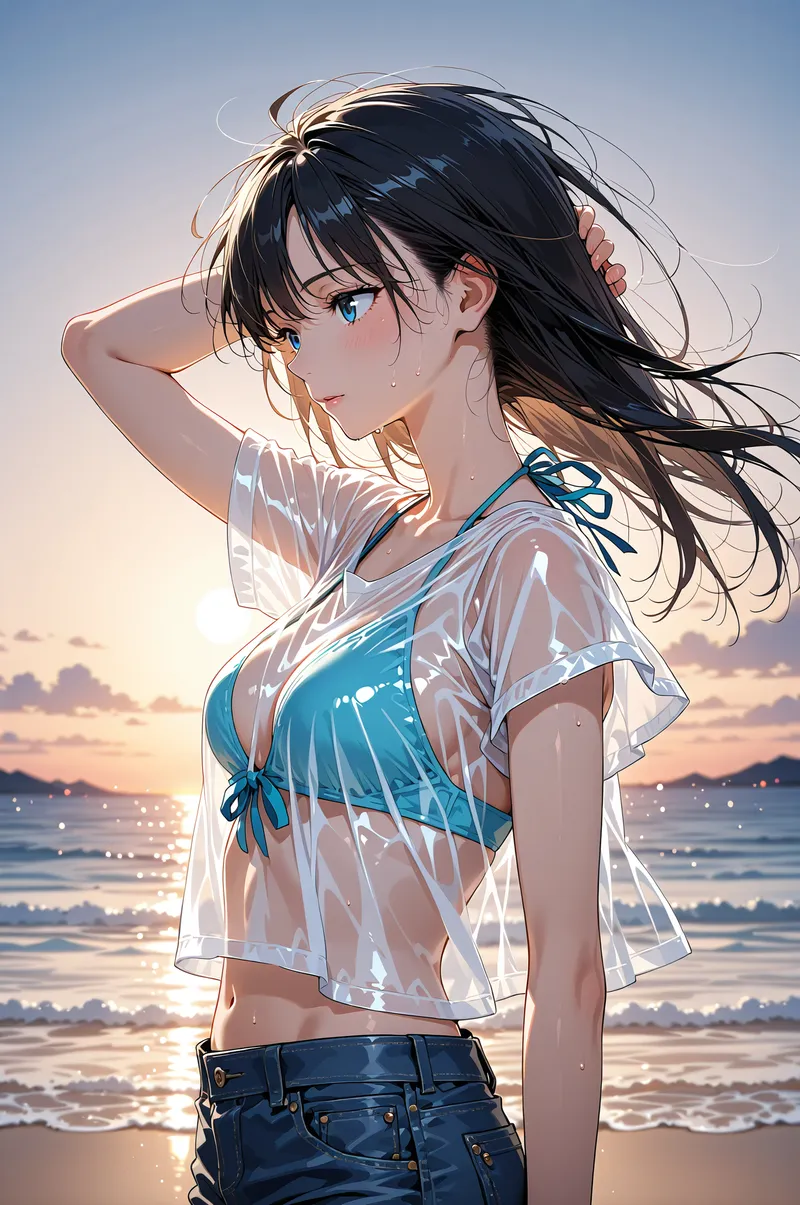 青い瞳が印象的な黒髪の美少女が、海岸で髪を優雅にかき上げています。白いシアー素材のシャツと紺のデニムを着こなし、夕焼けに染まるビーチを背景に清涼感あふれる表情を浮かべています。