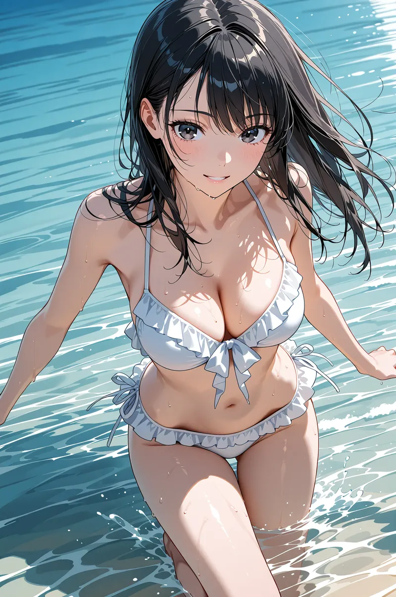 青い水面を背景に、白いフリル付きの水着姿で優しい笑顔を浮かべる美少女のイラスト。黒髪が水に濡れて輝き、爽やかな夏の雰囲気が特徴です。