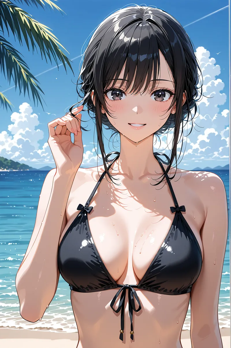 青く澄んだ空と波打つ海を背景に、黒髪をさらりと揺らす少女が爽やかな笑顔を見せるアニメ調イラストです。真夏の砂浜で、光に照らされた肌と透明感のある表現が印象的な一枚。