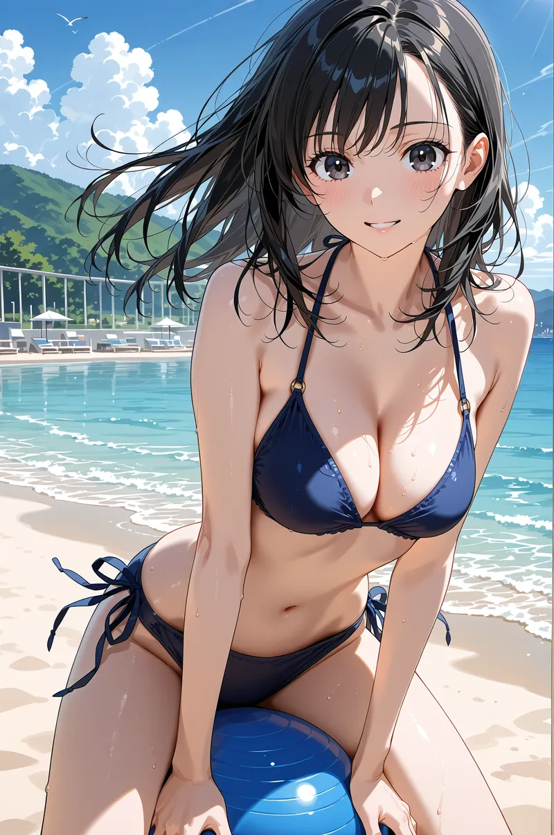 紺色の水着姿で海辺に佇む黒髪の美少女。澄んだ青空と波打つ海を背景に、爽やかな笑顔と流れる黒髪が印象的なイラストです。