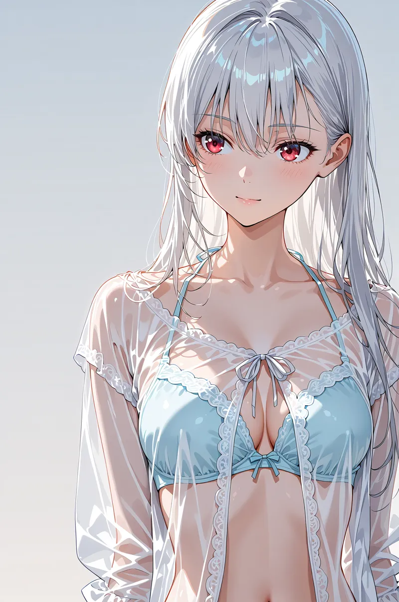 銀色の長髪と赤い瞳が印象的な美少女のアニメ調イラストです。淡いブルーとホワイトのレースドレスに透け感のあるシャツを合わせた、エレガントな装いが特徴的。柔らかな光と優しい表情で描かれた、洗練されたキャラクターアートです。