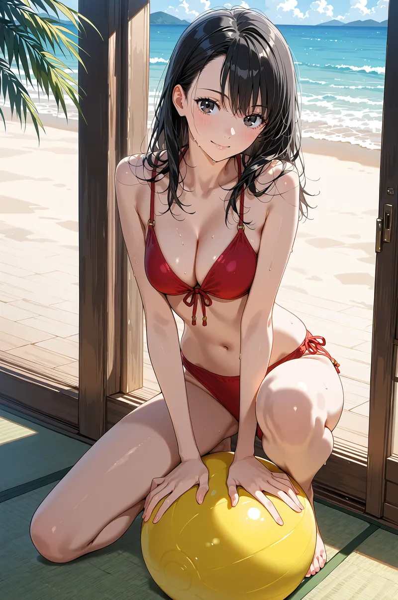 青い海と白い砂浜を背景にした開放的なテラスで、黒髪ロングの女性がやさしい表情で微笑んでいます。赤いビキニを身にまとい、洗練された構図と明るい光が印象的なアニメイラストです。