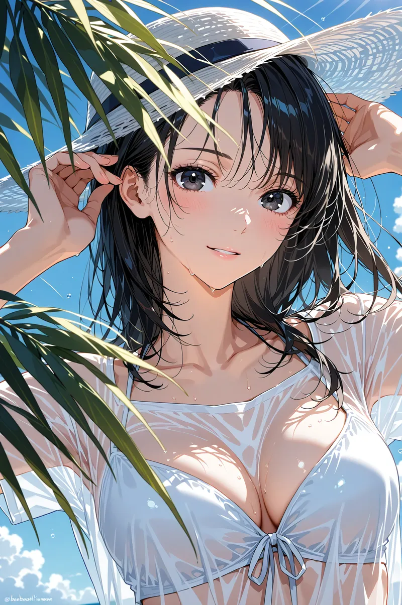 澄んだ青空を背景に、麦わら帽子を被った黒髪の美少女が優しい笑顔を見せます。白い薄地のシャツ姿で、パームの枝葉が涼やかに手前を彩る、夏らしいアニメ調イラストです。