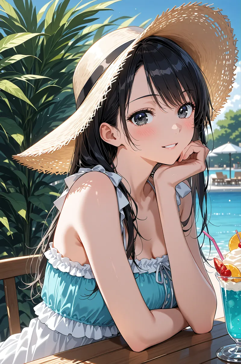 青い瞳が輝く黒髪の少女が、麦わら帽子をかぶってリゾート地でくつろぐ姿。白いフリル装飾のドレスを着た優雅なポートレートで、背景には南国の植物と澄んだ海が広がります。