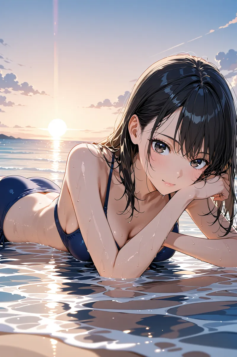 黒髪の美少女が夕日が映える海で涼しげな表情を浮かべています。清涼感あふれる水の情景と、柔らかい光が織りなす幻想的な海辺のシーンです。
