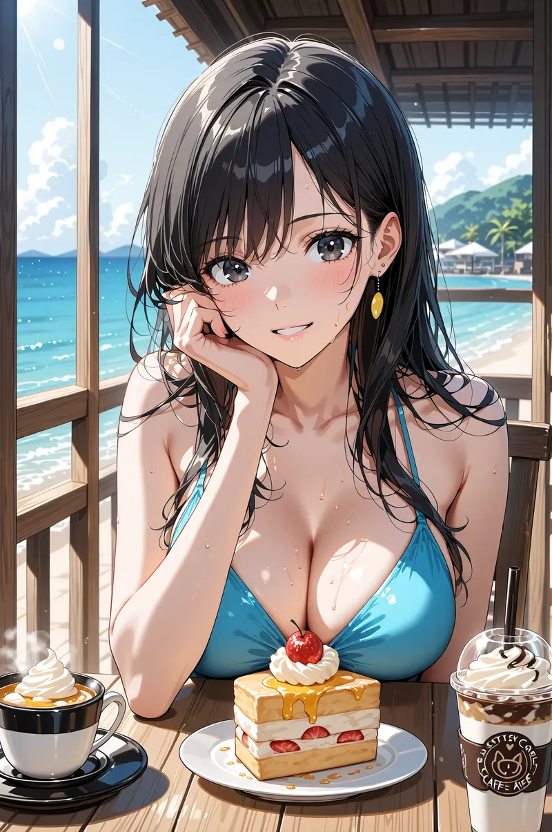 青い海を眺めるテラス席でケーキとコーヒーを前に、優雅な表情を浮かべる黒髪の少女。黄色のピアスと青いビキニトップが爽やかに映り、窓外には白い砂浜と南国の景色が広がります。