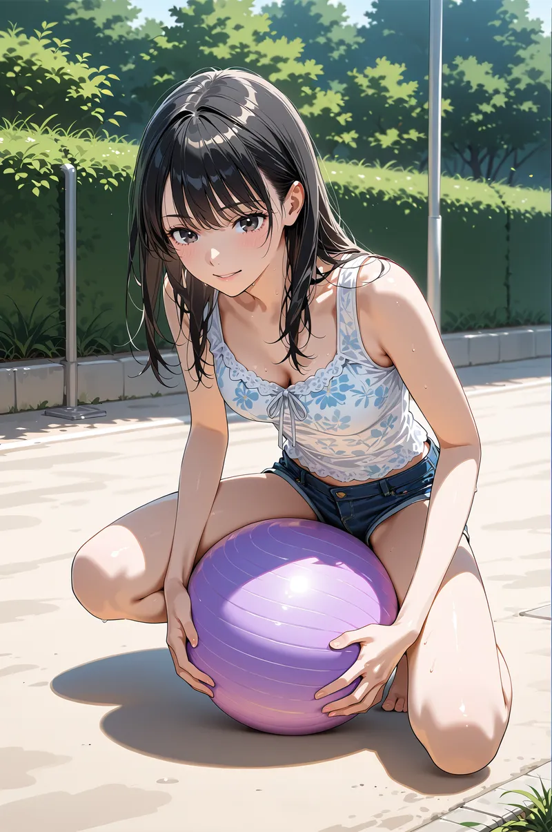 青い花柄の涼しげなトップスと紺のショートパンツを身に纏った少女が、陽光溢れるテラスで優しく微笑む。背後の緑豊かな庭園と白い壁が爽やかで開放的な雰囲気を作り出すアニメ調イラストです。