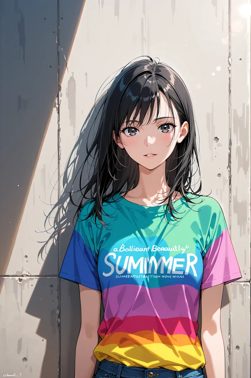 鮮やかな虹色のグラデーションTシャツに身を包んだ黒髪の少女のアニメ調ポートレート。柔らかな日差しが差し込むコンクリート壁の背景で、清涼感あふれる夏のファッションが印象的です。