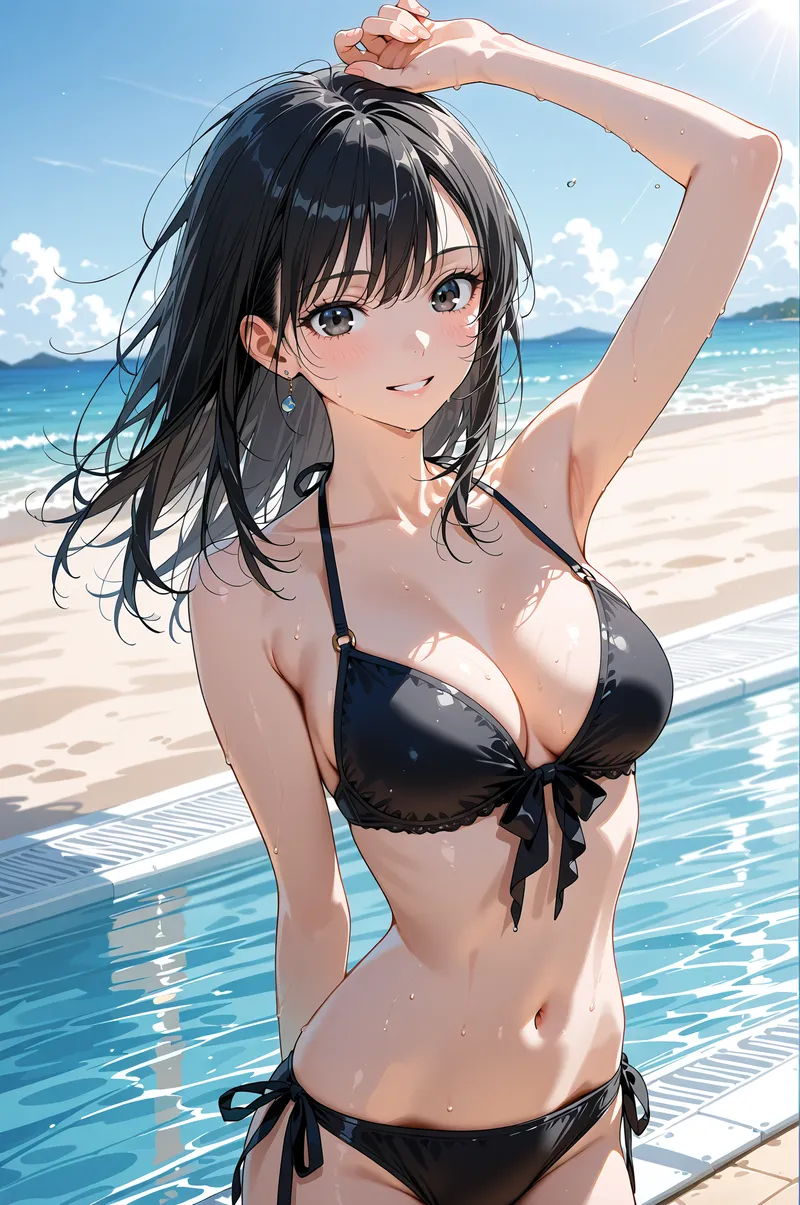 青く輝く海と砂浜を背景に、黒いビキニ姿の美少女がサラサラした黒髪を優雅に手で整えています。爽やかな笑顔と清潔感あふれる夏のイラストです。