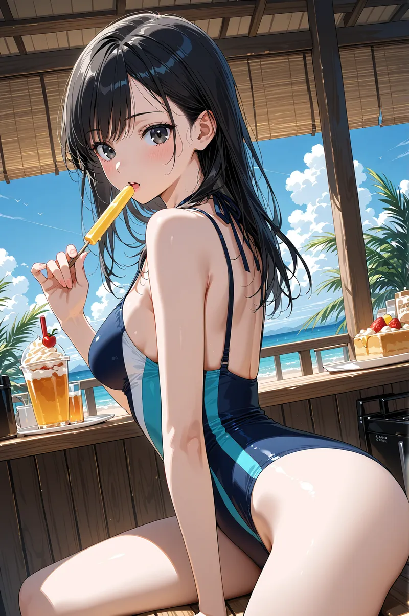 黒髪ロングヘアの美少女がビーチリゾートのテラスで、黄色いアイスキャンディーを片手に涼しい表情で佇んでいます。背景には青い海と白い雲、南国の木々が広がり、爽やかな夏の風情が漂うアニメ調イラストです。