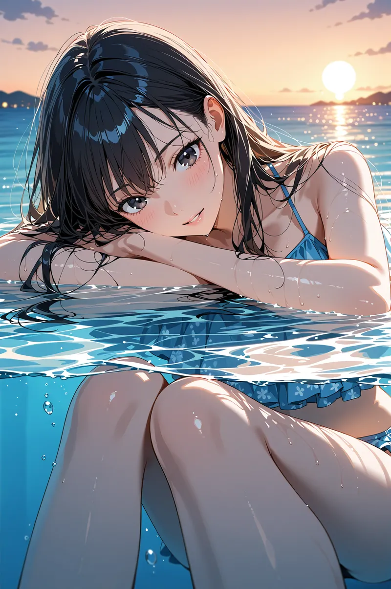 夕日が輝く水面で、黒髪をなびかせながら水遊びを楽しむ少女のポートレート。青と金色に染まる空と海の情景の中で、屈託のない笑顔を浮かべる爽やかなアニメ調イラストです。