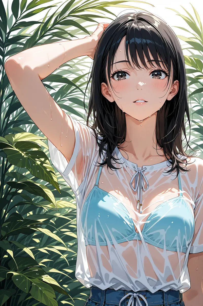 黒髪ロングの清楚な雰囲気の少女が、爽やかな笑顔で髪をかき上げています。白と青の透光感のある衣装に身を包み、緑の観葉植物に囲まれた背景で、光と影が優雅に描かれたアニメ調イラストです。