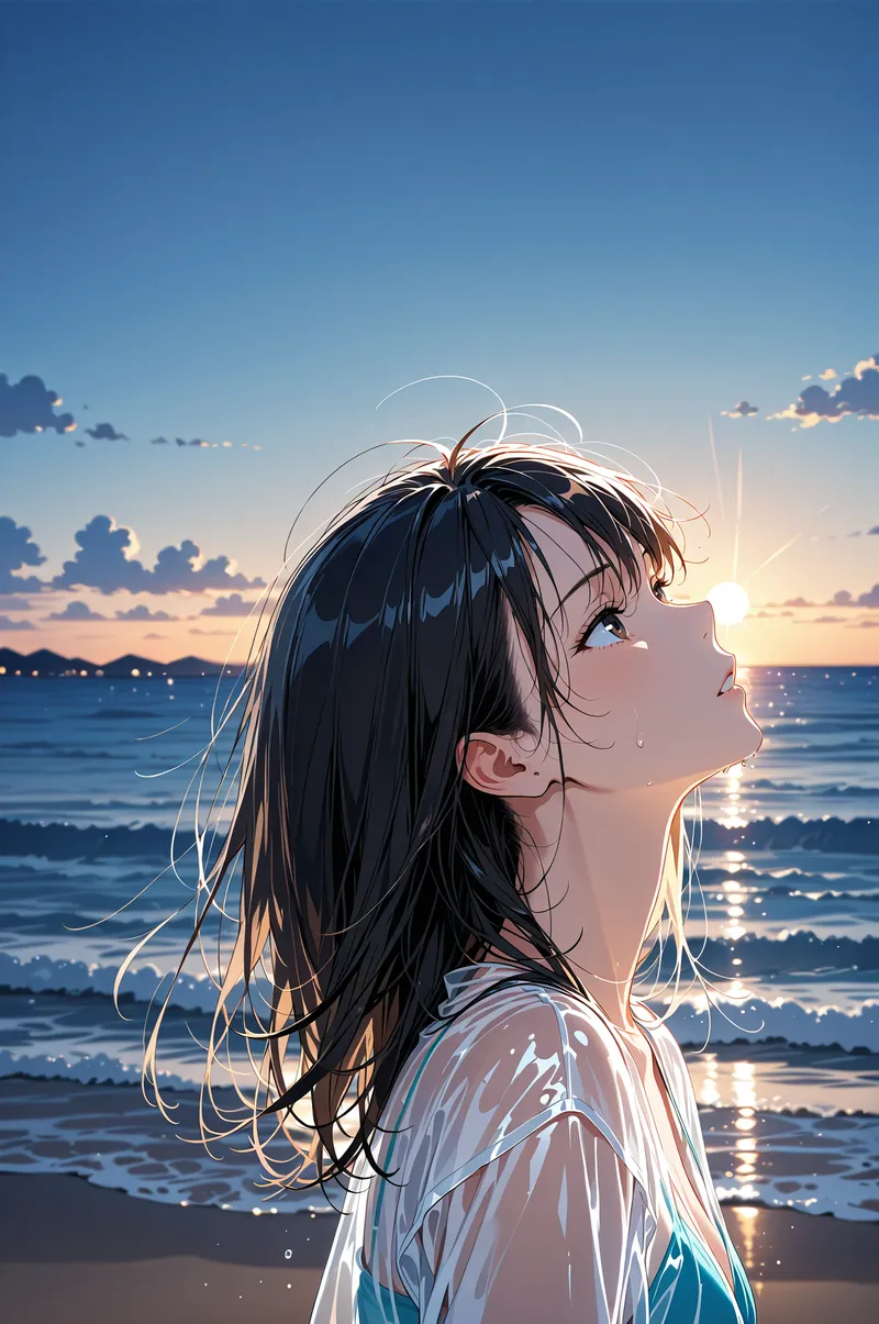 黒い長髪が風になびく中、白いシャツを着た少女が海に向かって立ち、夕焼けの空を見つめています。波打つ海と黄金色に染まった雲が広がる、美しいビーチの情景です。