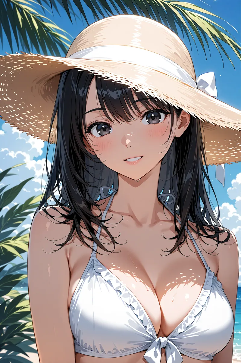澄み切った空と海を背景に、黒髪の美少女が麦わら帽子を被った夏のポートレート。白いビーチウェアとリラックスした表情が、爽やかな南国の雰囲気を演出しています。