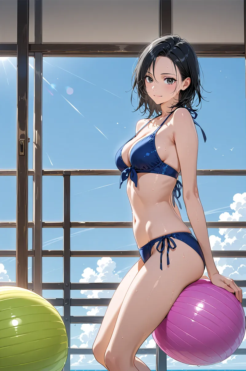 青い空と雲が広がる高層階の窓辺で、紺色の水着姿の黒髪の少女がカラフルなフィットネスボールに寄り添う爽やかなポートレート。柔らかな光と青空背景が夏らしい明るさを演出しています。