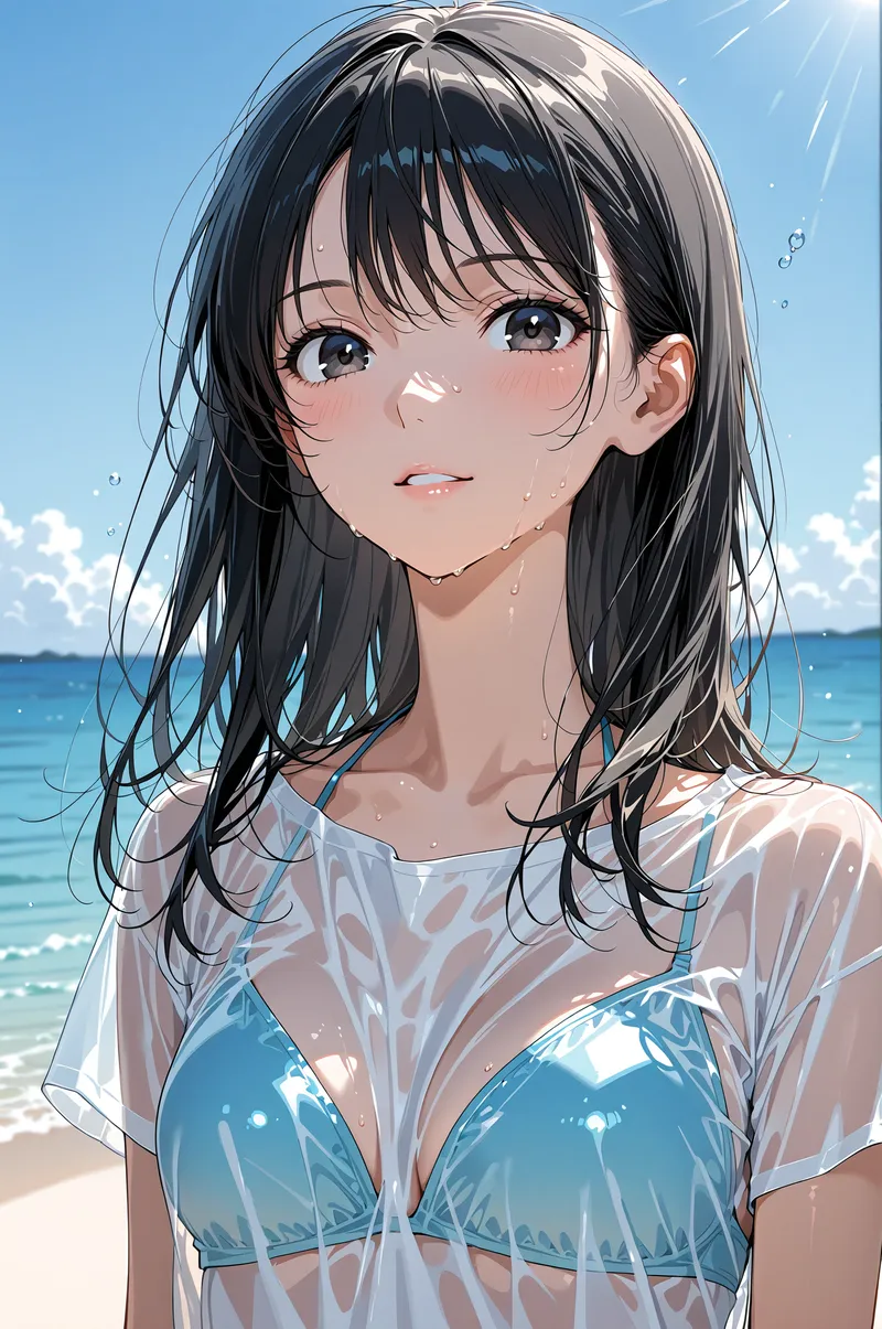 白いシアーな上着を纏った黒髪の美少女が、青い海と空を背景に柔らかな笑顔を浮かべるアニメ調のポートレート。透明感のある肌と瞳が印象的な作品です。