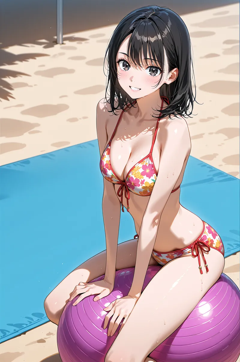 黒髪ショートボブと透き通る瞳が印象的なアニメ調のキャラクターです。花柄ビキニ姿でプールサイドに座り、爽やかな表情でこちらを向いています。日差しが照る開放的なプール風景の中、紫のビーチボールを手に優雅に佇む夏のポートレートです。