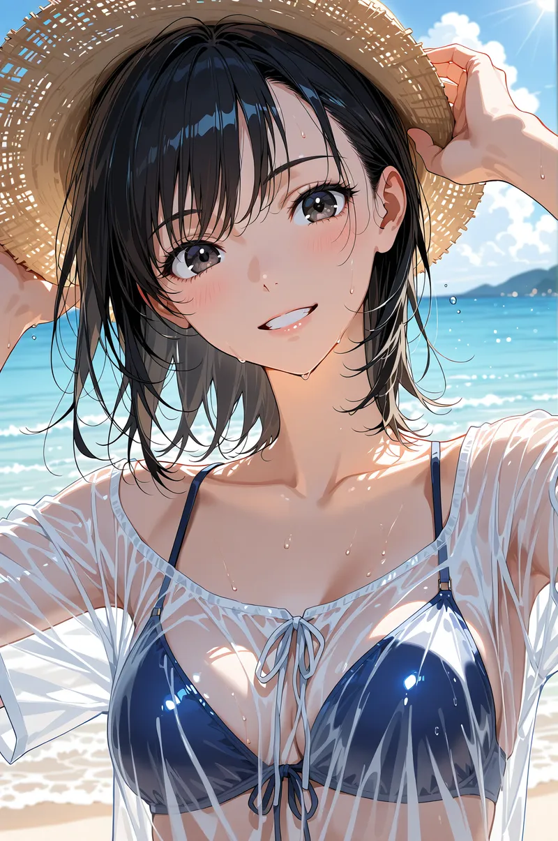 青い海を背景に、黒い短髪と大きな瞳が印象的な少女が麦わら帽子を被ったビーチシーン。白いシアー素材の涼しげな羽織りと紺色の水着で、夏の日差しが輝く爽やかなアニメ調イラストです。
