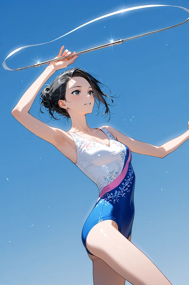 澄み切った青空を背景に、白と紺の爽やかな衣装を身にした美少女が光る鞭を高く掲げています。黒髪が風になびき、上向きの視線と躍動的な構図が夏の爽快感を表現した一枚です。