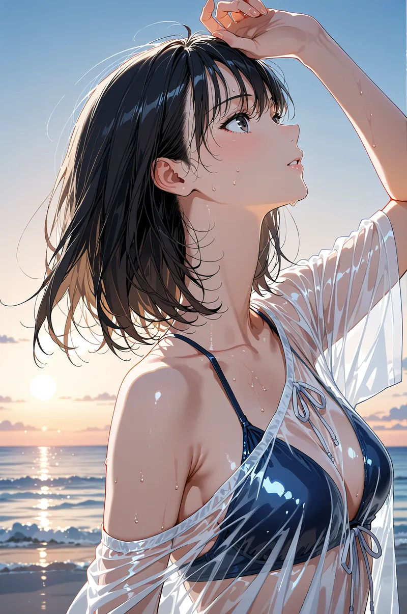 夕焼けの海を背景に、黒髪をなびかせながら上を見つめる清楚な表情の少女を描いたアニメ調イラスト。白いシアー素材と紺の水着を身につけ、光と影が美しく表現された屋外ポートレート作品です。