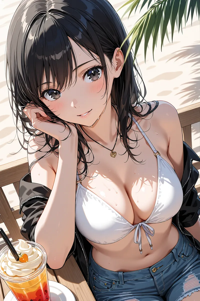 南国のテラスで飲み物を片手に、柔らかい表情で微笑む黒髪の少女を描いたアニメ調イラスト。白いビキニと黒いシャツを合わせた爽やかなファッション、流れるような髪と瞳の表情が印象的です。