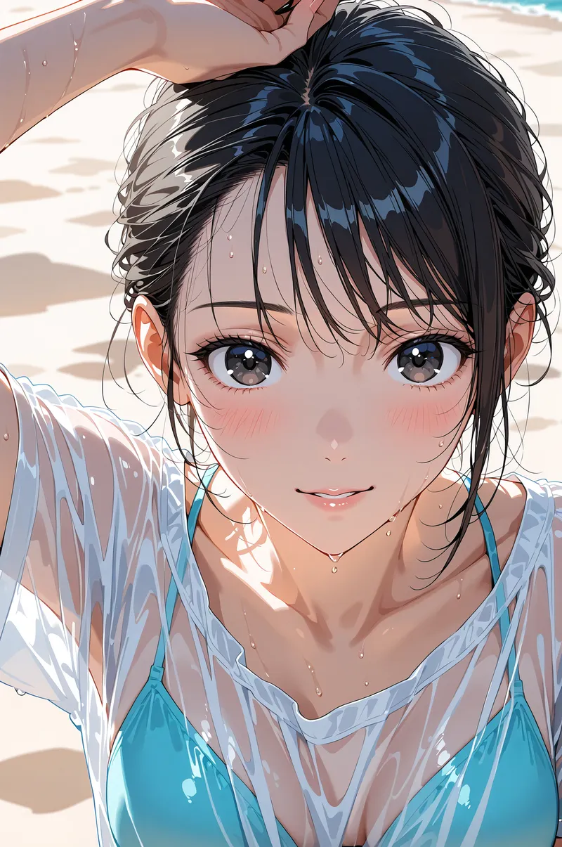黒髪を束ねた清楚な表情の美少女が、水色の水着姿で爽やかな笑顔を見せるイラストです。透明感のある肌表現と白いシャツのレイヤードが、夏の清涼感を引き出しています。