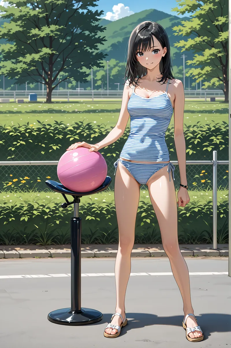 緑豊かな公園で、青いボーダーストライプの水着姿でピンクのバランスボールを手に持つ黒髪の美少女。山々を背景にした晴れた日中、爽やかな雰囲気で佇む一枚です。