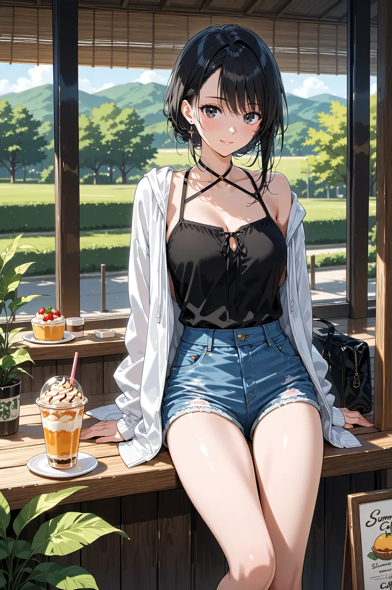 広大な緑の景色を望むカフェの窓辺で、黒髪ショートヘアの少女が穏やかに微笑んでいます。白いシャツと黒のトップス、デニムのカジュアルな組み合わせが爽やかです。手前にはアイスコーヒーと洋菓子が置かれ、観葉植物に囲まれた明るい午後の雰囲気が表現さ…