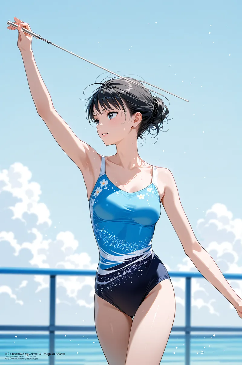 青い空と白い雲が広がる爽快な背景で、黒髪をまとめた美少女が釣竿を高く掲げています。青と黒の爽やかなスポーツウェア姿で、海辺のテラスから澄み切った表情で遠くを見つめる瞬間です。