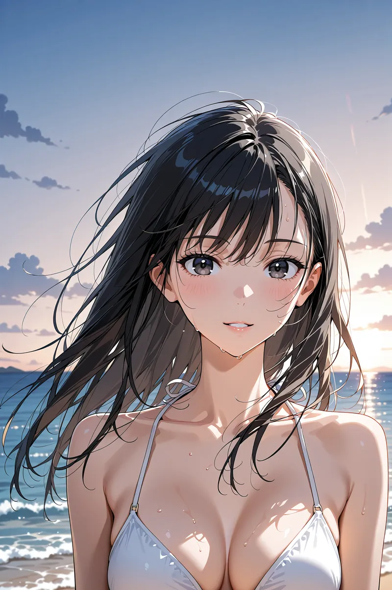 白いビキニトップ姿で海風になびく黒髪の美少女が、夕焼け色に染まる砂浜で笑顔を見せています。大きな瞳と透明感のある肌が印象的なアニメ調の夏ポートレート作品です。