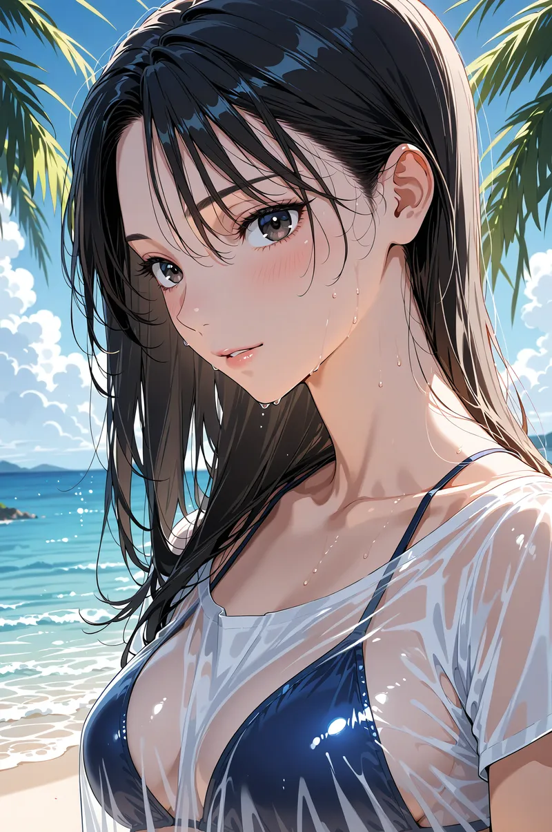 青い空と海を背景に、透き通った白いシャツを身にまとった黒髪の少女が穏やかに微笑んでいます。流れるような髪と瑞々しい表情が、夏の爽やかな雰囲気を引き出すアニメ調イラストです。