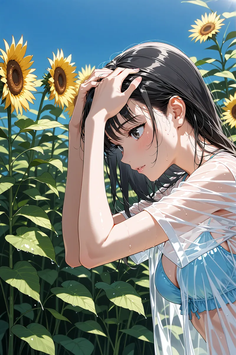 青空の下、黄色く咲き誇る向日葵に囲まれた自然豊かな花畑で、黒髪を優雅にかき上げる少女を描いた明るいポートレート。清涼感あふれる表情と爽やかな色彩が印象的です。