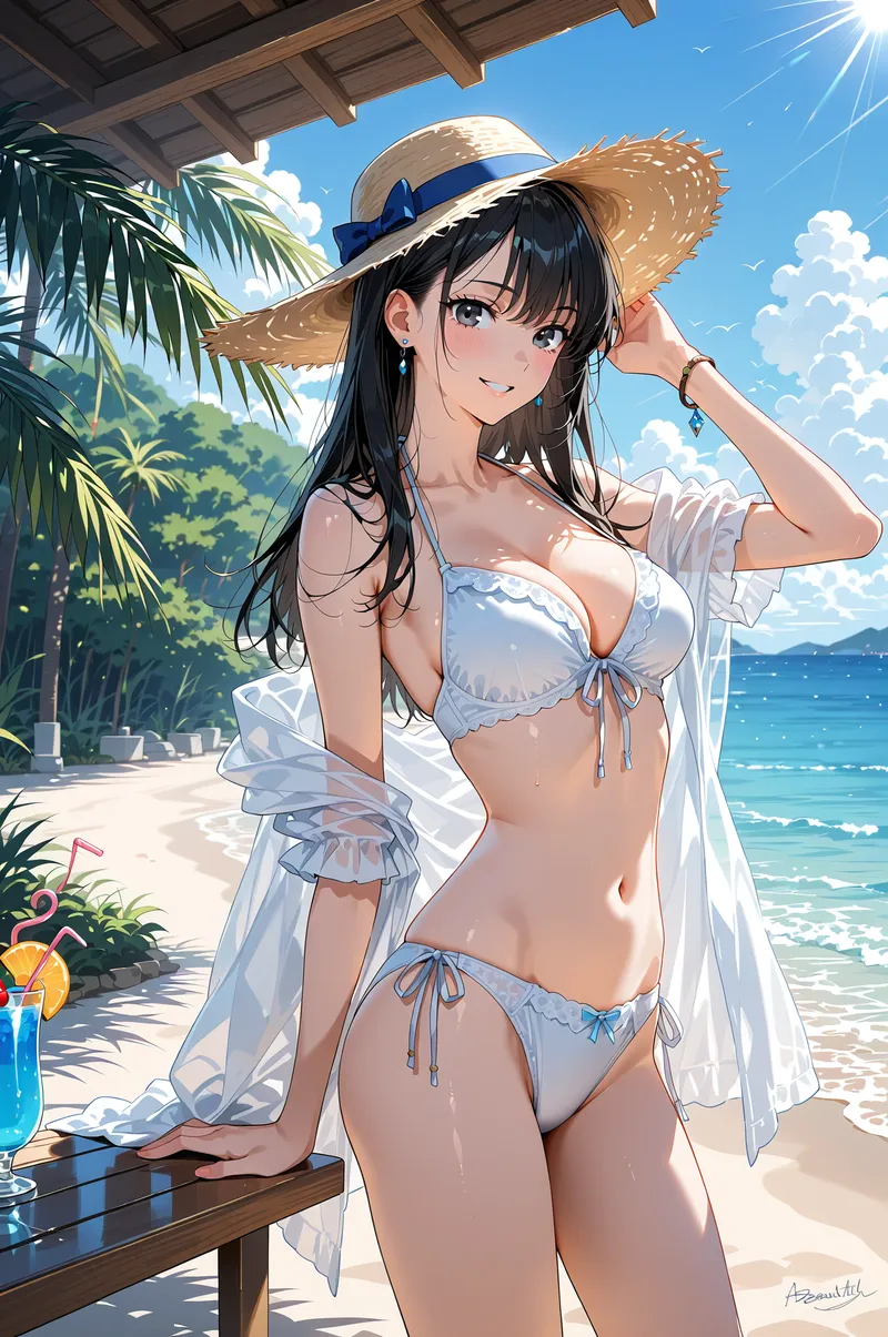 透き通った青い海と白い砂浜を背景に、麦わら帽子をかぶった黒髪の少女がビーチウェアでくつろぐ姿。爽やかな夏の日差しと南国の雰囲気が心地よいアニメ調イラストです。