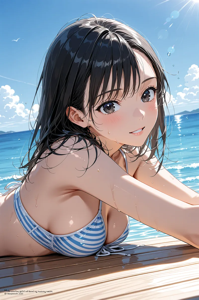青空と海を背景に、爽やかな笑顔を浮かべる黒髪の美少女のポートレート。青白いボーダー柄の水着姿で、波打ち際の木製デッキに優雅に寄りかかる涼しげな夏の一シーン。