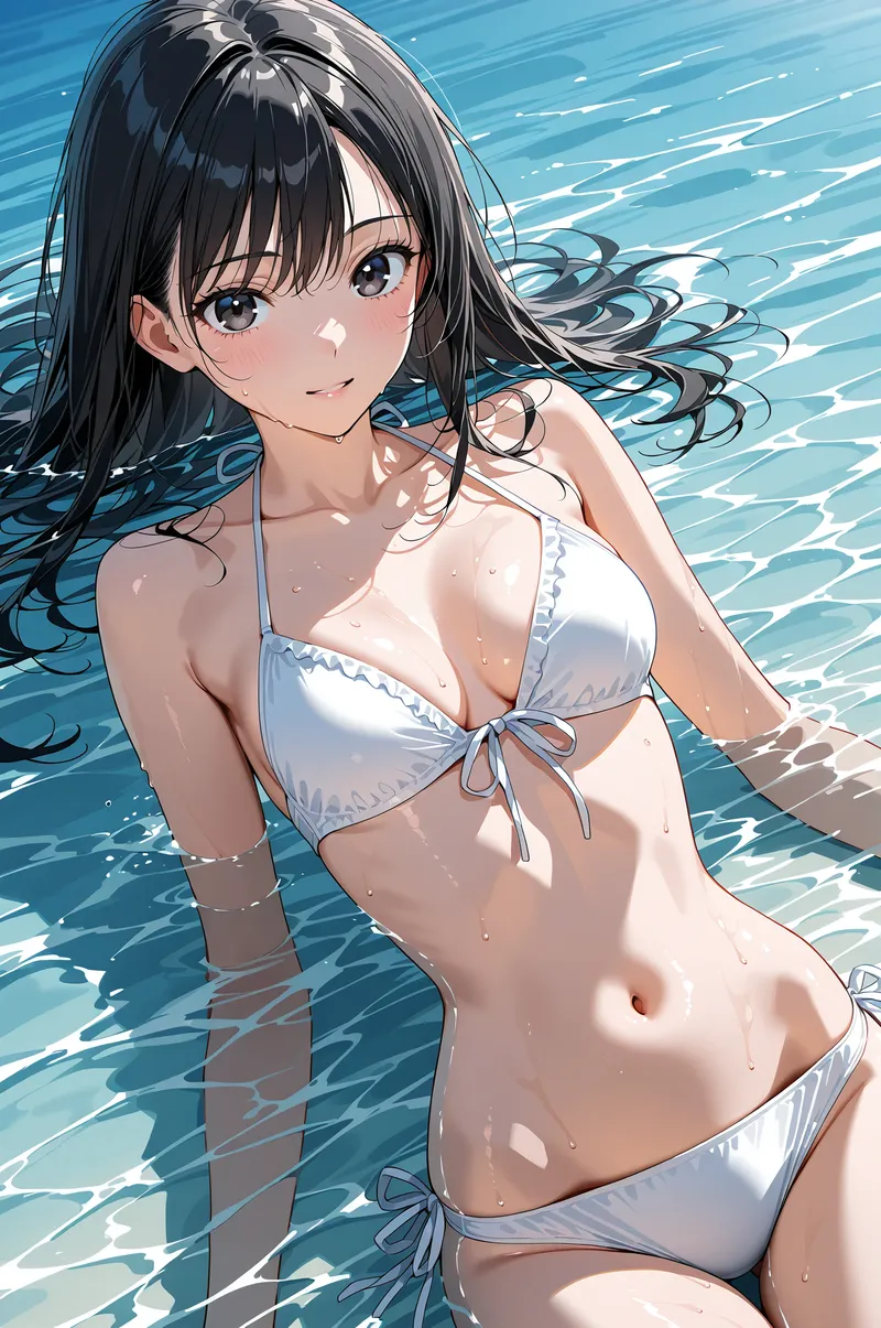青く透き通った水を背景に、黒髪の美少女が柔らかな表情で微笑んでいます。白いビキニ姿で水中にいる様子を描いたアニメ調イラストで、光と水の反射が繊細に表現されています。