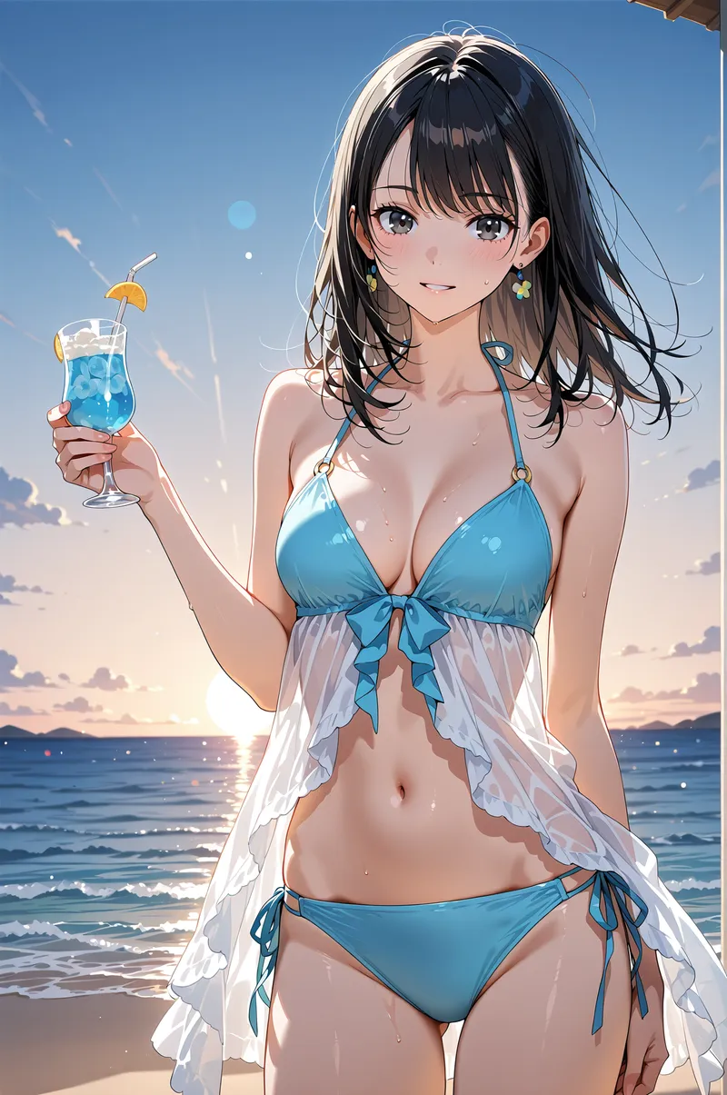 青い空と輝く海を背景に、黒髪の少女がカクテルを片手に立っています。青のビキニと白いシフォンの羽織りで夏の開放感を演出した、明るく清涼感あふれるアニメ調ポートレートです。