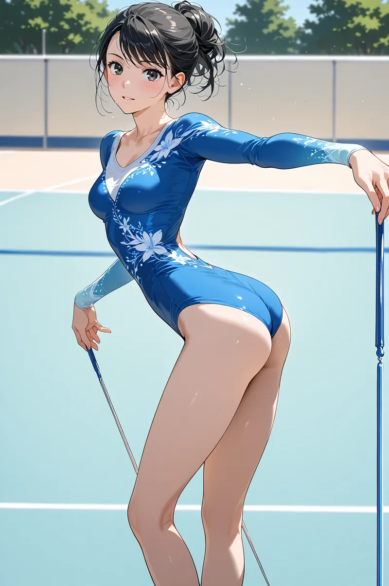 青い花柄の競泳着姿で、プールサイドに立つ黒髪アップスタイルの美少女イラスト。清潔感あふれる笑顔と、緑の木々が映り込む明るい背景が爽やかな夏の雰囲気を引き出しています。
