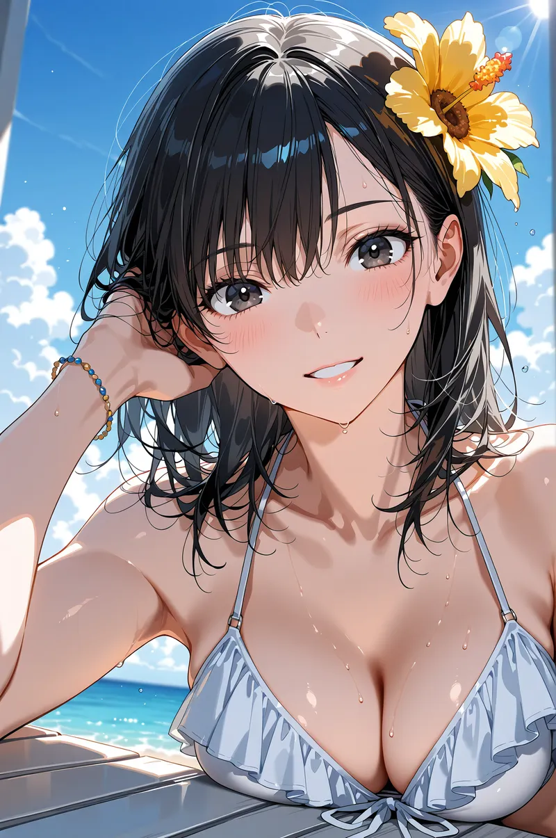 黒髪ショートの美少女が向日葵を髪に飾り、爽やかな笑顔で青空と海を背景に微笑む春らしいアニメ調イラスト。光と影で立体的に描かれた表情が印象的です。